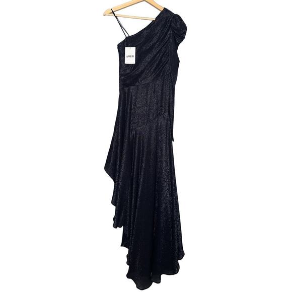 AMUR Esmerelda Asymmetric One-Shoulder Shimmer Maxi Formal Gown Black Size 0 - Picture 2 of 13